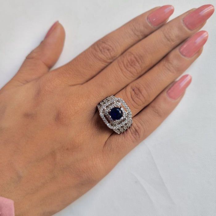 Sapphire Stone and CZ Silver-Plated Ring: Timeless Elegance