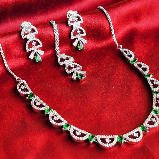 Designer Emerald Stone Silver Plated Jewelry Set For Women and Girls