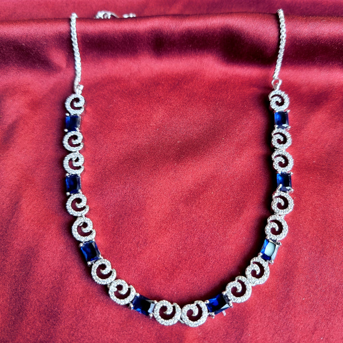 Sapphire Stone Studded Silver Plated Full Necklace Set