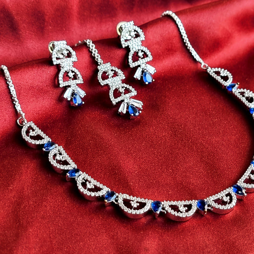 Modern Style Blue Sapphire & CZ Stone Studded Silver Jewellery Set