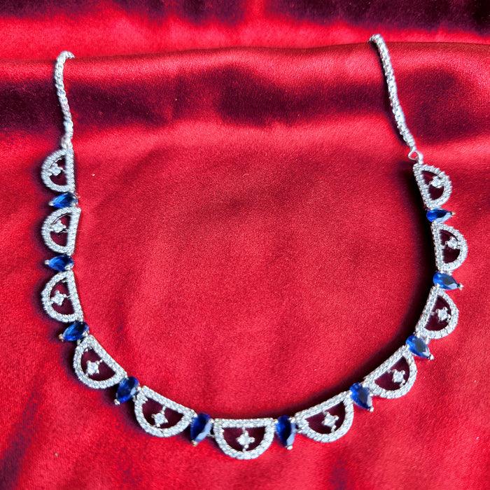 Modern Style Blue Sapphire & CZ Stone Studded Silver Necklace Set