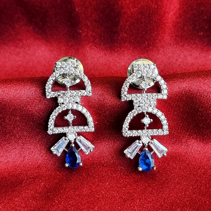 Modern Style Blue Sapphire & CZ Stone Studded Silver Earring Set