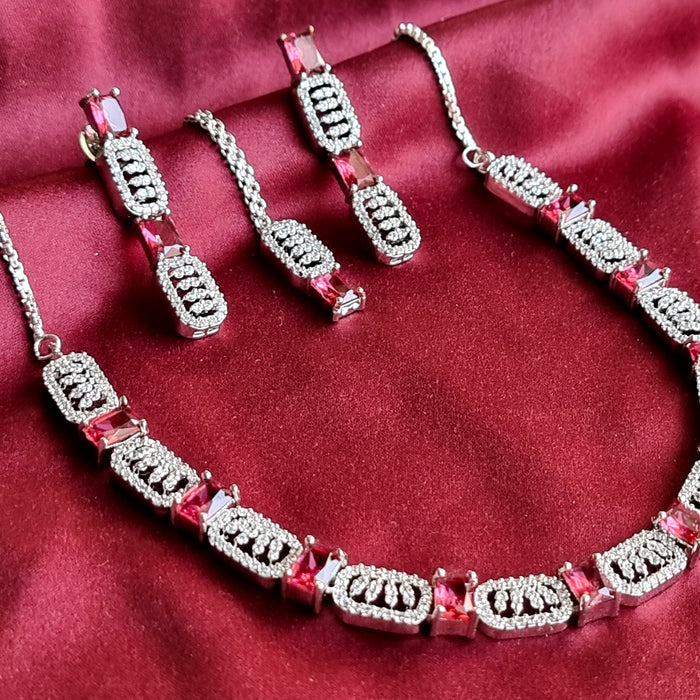 Ruby & CZ Silver Plated Jewellery Set with Necklace, Earrings, Mang Tikka