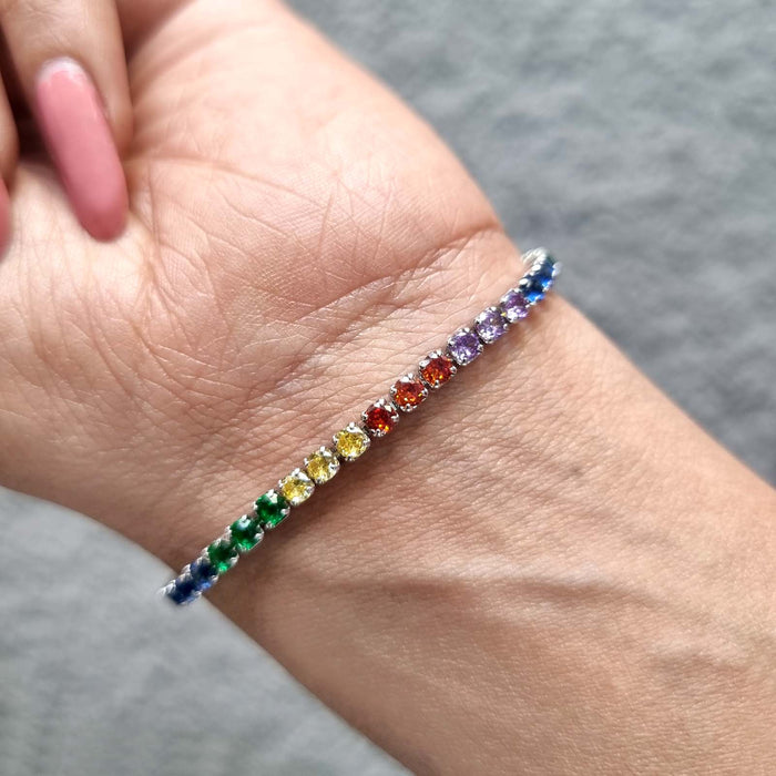 Silver Plated Chain Bracelet studded with Colorful Stones