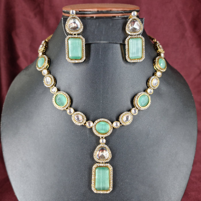 Aqua Chalcedony & AD Stones Silver Set: Timeless Elegance