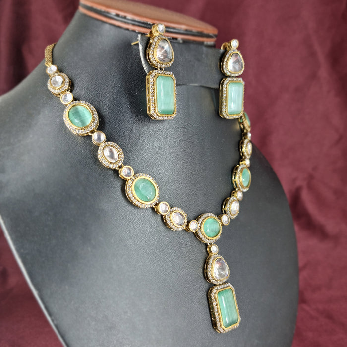 Aqua Chalcedony & AD Stones Silver Set: Timeless Elegance