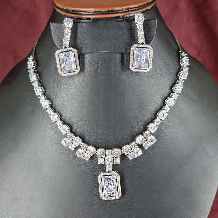 Shimmering Zircon Stone Silver-Plated Brass Necklace and Earrings Set