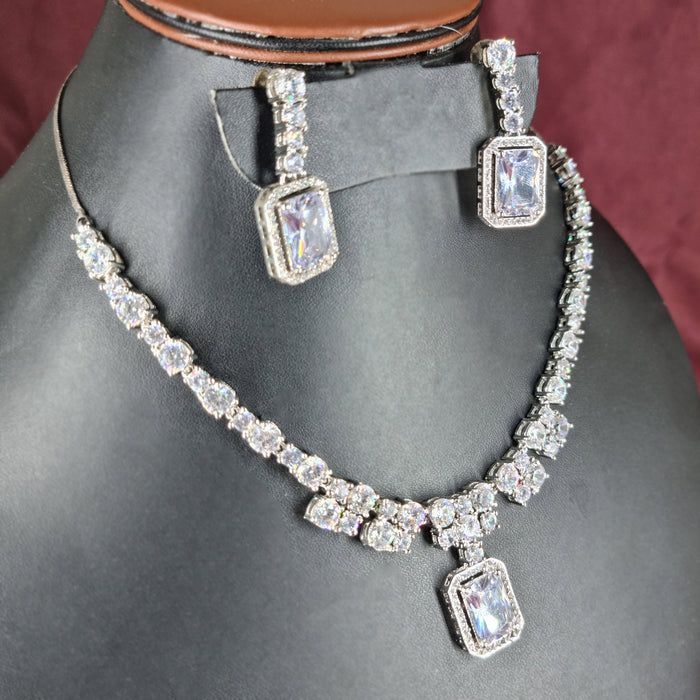 Shimmering Zircon Stone Silver-Plated Brass Necklace and Earrings Set