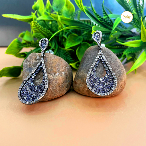 Blue Color AD Stone Silver Plated Drop Earrings