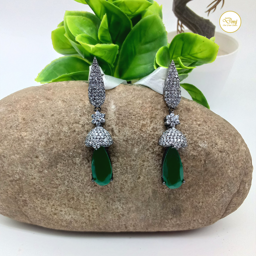 Emerald and AD Stones Silver Plated Brass Earrings by DiwamJewels
