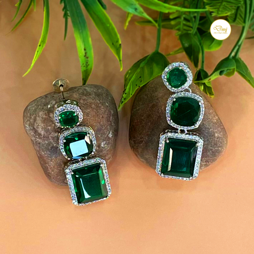 Elegant Silver-Plated Earrings Studded with Emerald Stone