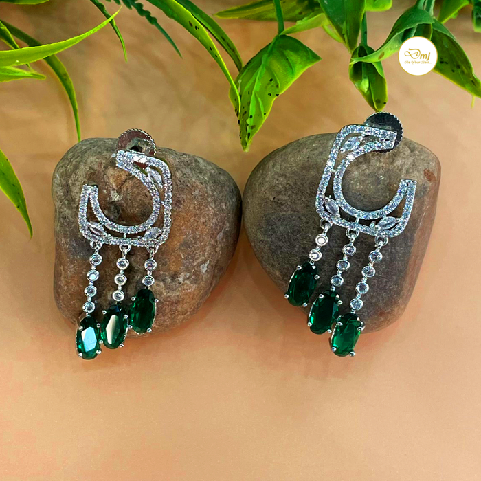 Modern Stylish Silver Plated Earrings Studded with Emerald Stone