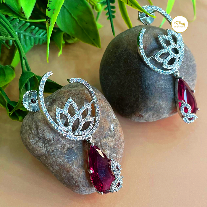 Stylish Red Garnet Stone Studded Silver Plated Earrings