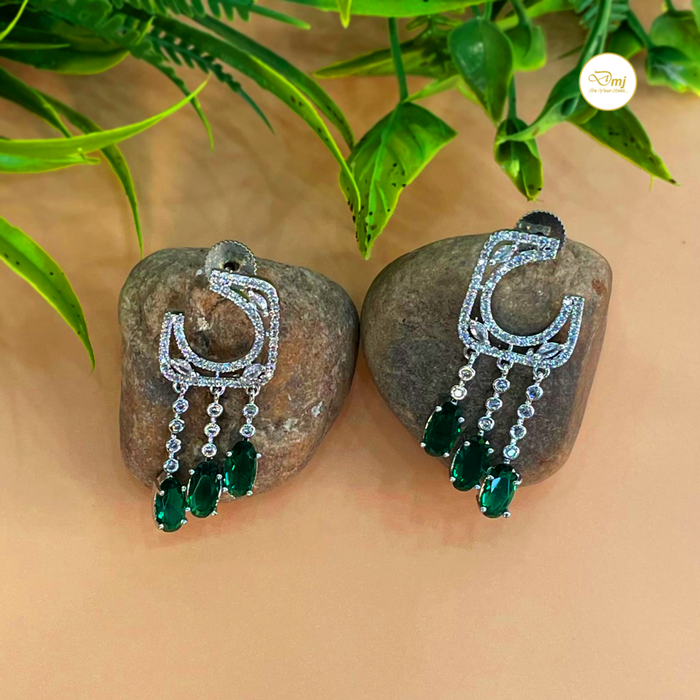 Modern Stylish Silver Plated Earrings Studded with Emerald Stone