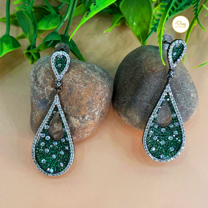 Green Color AD Stone Silver Plated Earrings
