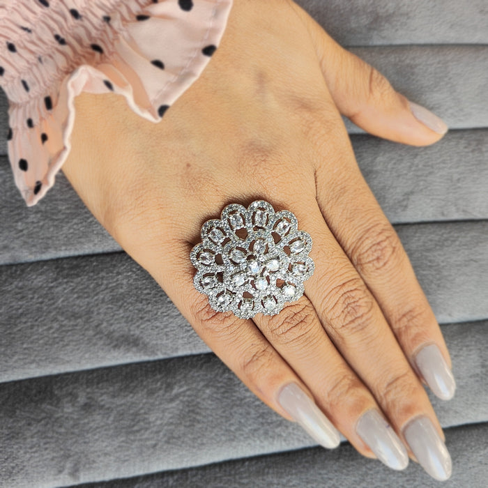 Sparkling Zircon Studded Silver Plated Flower Design Ring