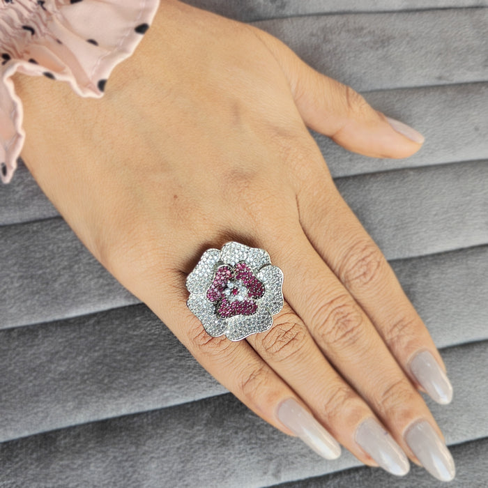 Shimmering Zircon Silver Ring with Adorned Stones