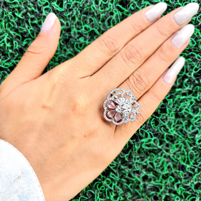 Handcrafted Rose Quartz Sterling Silver Plated Brass Ring - Unique Statement Piece