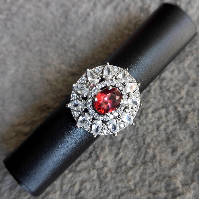 Adjustable Silver Plated Brass Ring with Garnet and CZ Stones: Timeless Charm