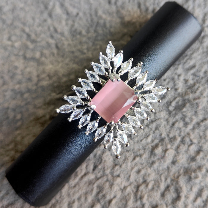 Silver Plated Brass Ring with Rose Quartz and Ad Stones: Elegant Radiance