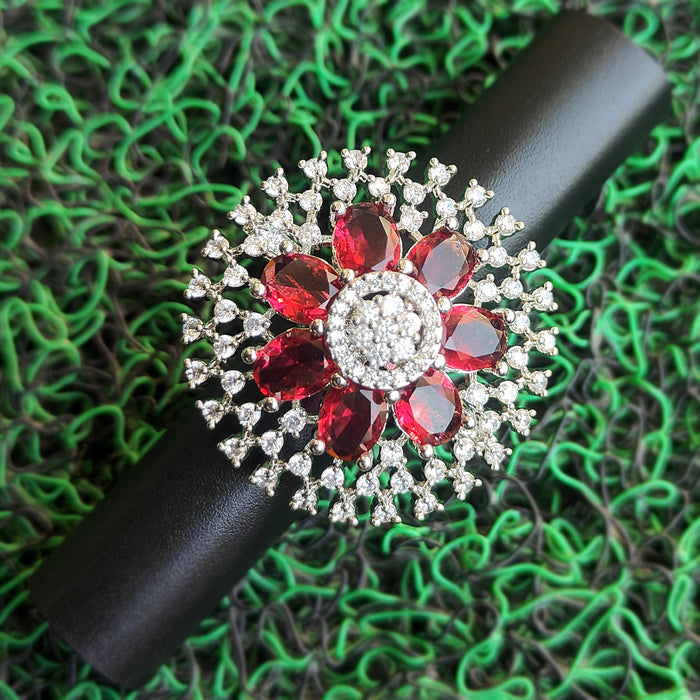 Beautiful Silver-Plated Adjustable Ring with Ruby and CZ Stones