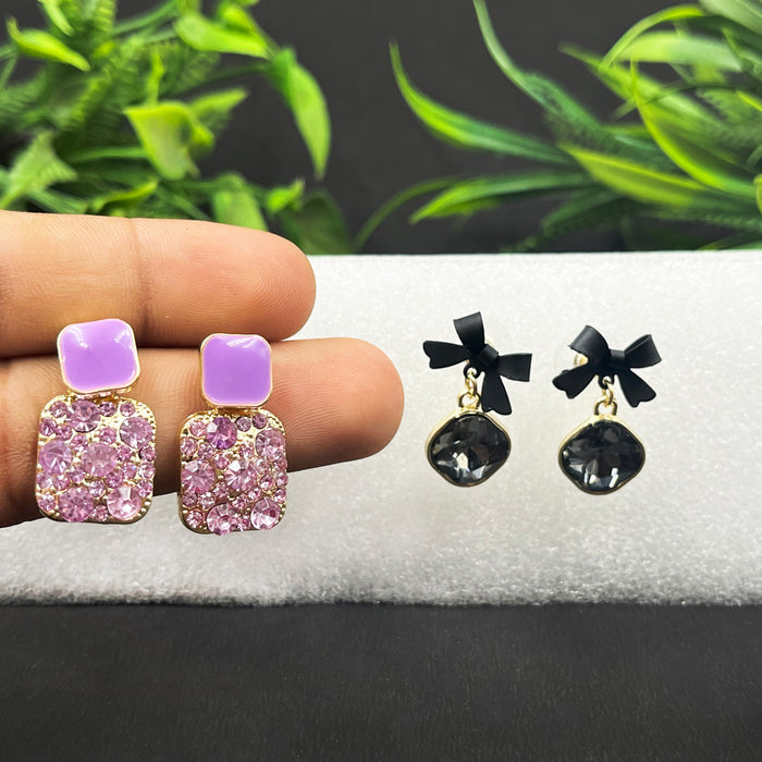 Trendy Black Bow Crystal Drop & Lavender Stud Earrings – 2-Pair Fashion Set
