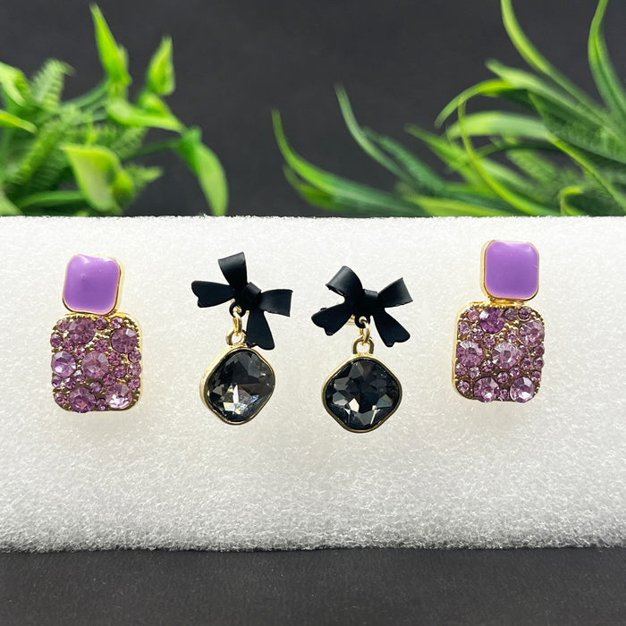 Trendy Black Bow Crystal Drop & Lavender Stud Earrings – 2-Pair Fashion Set
