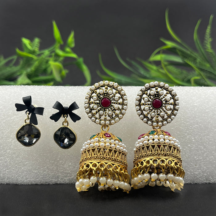 Traditional Gold-Plated Jhumka & Black Bow Crystal Drop Earrings – 2-Pair Festive & Trendy Set