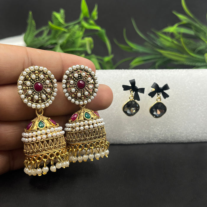 Traditional Gold-Plated Jhumka & Black Bow Crystal Drop Earrings – 2-Pair Festive & Trendy Set
