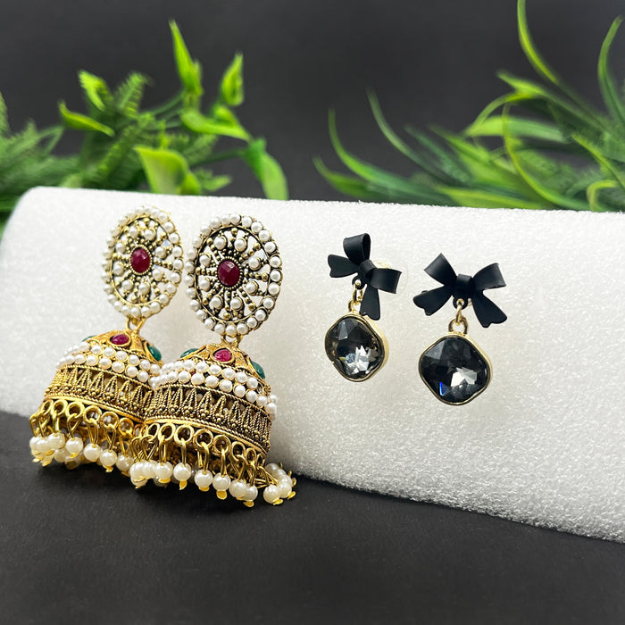 Traditional Gold-Plated Jhumka & Black Bow Crystal Drop Earrings – 2-Pair Festive & Trendy Set