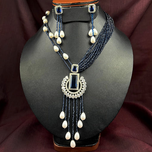 Beautiful Necklace Set with Blue Beads, Pearls & AD Stones