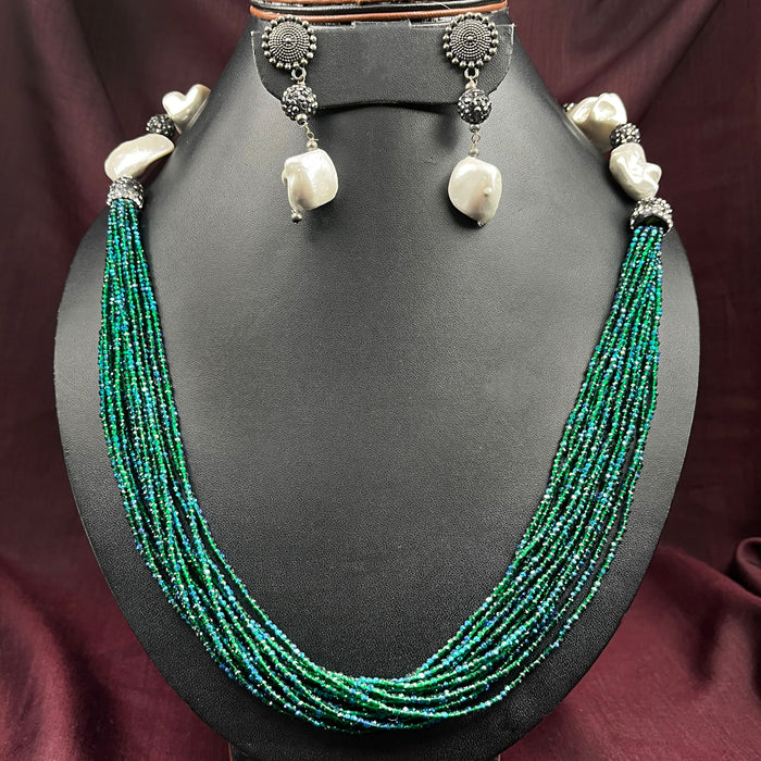 Beautiful Pearls and Green Beads Garland Metal Necklace and Earrings Jewellery Set