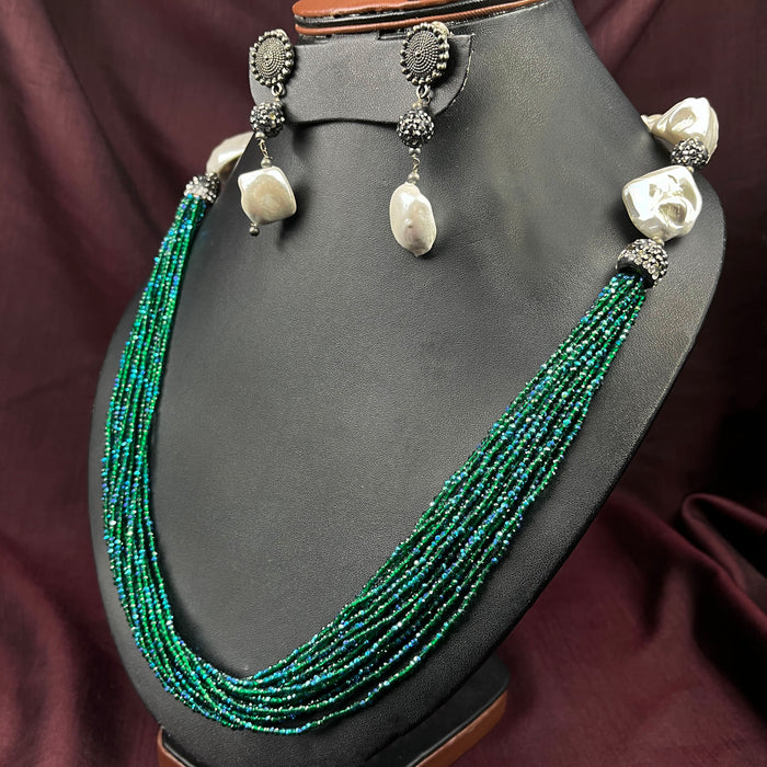 Beautiful Pearls and Green Beads Garland Metal Necklace and Earrings Jewellery Set