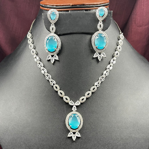 Beautiful Aqua Marine and AD Stone Silver Plated Women's Jewelry Set