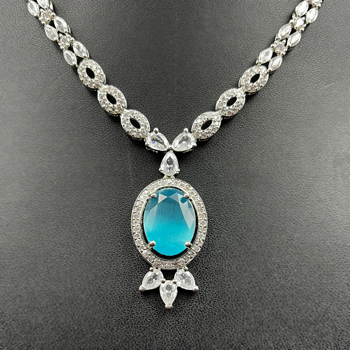 Beautiful Aqua Marine and AD Stone Silver Plated Women's Jewelry Set