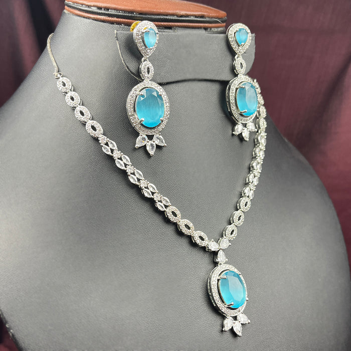 Beautiful Aqua Marine and AD Stone Silver Plated Women's Jewelry Set