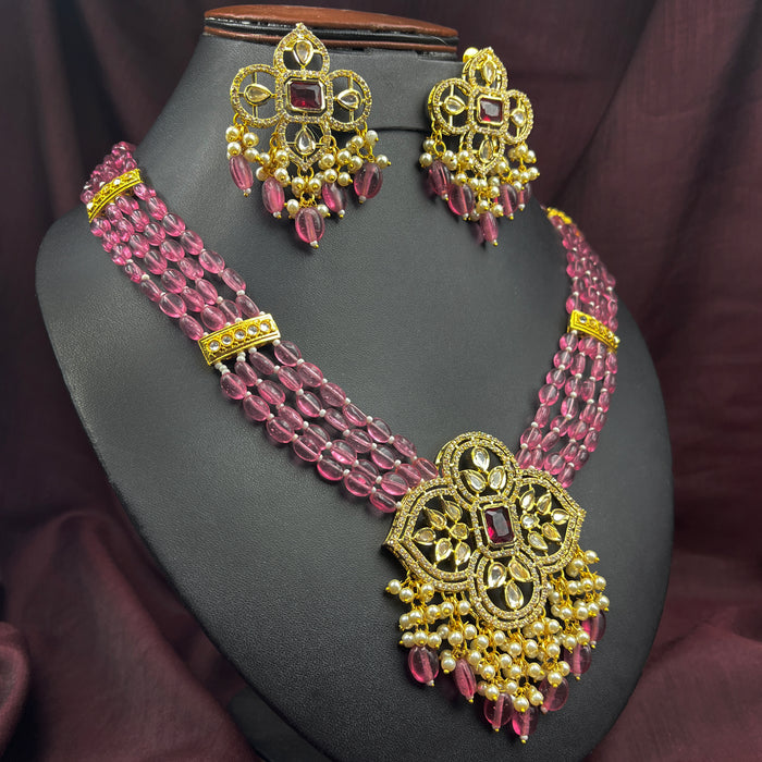 Pink Beads & Gold Pendant Set: Timeless Elegance in Every Wear!