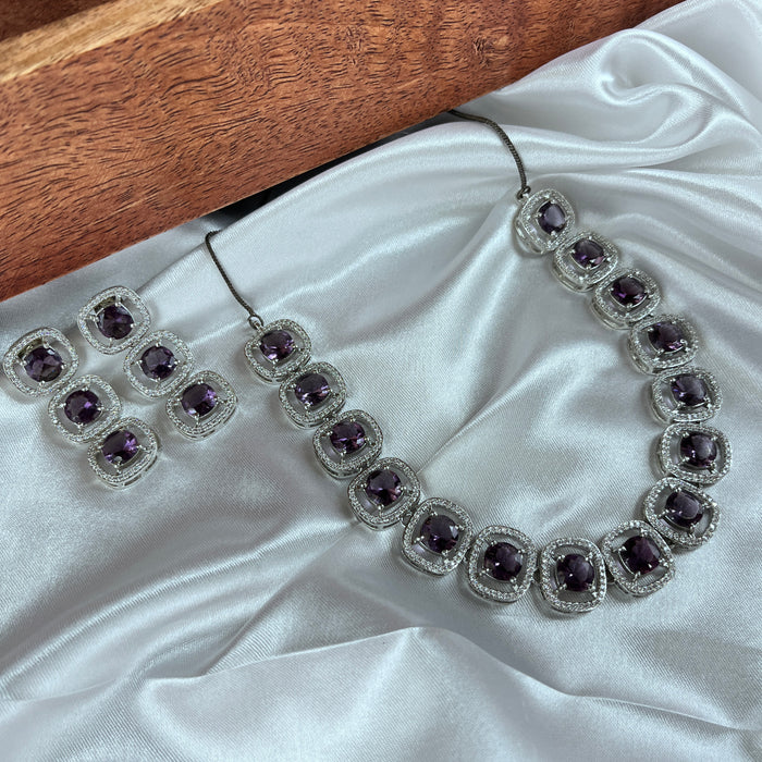 Amethyst & CZ Stones Silver Plated Necklace and Earrings Set