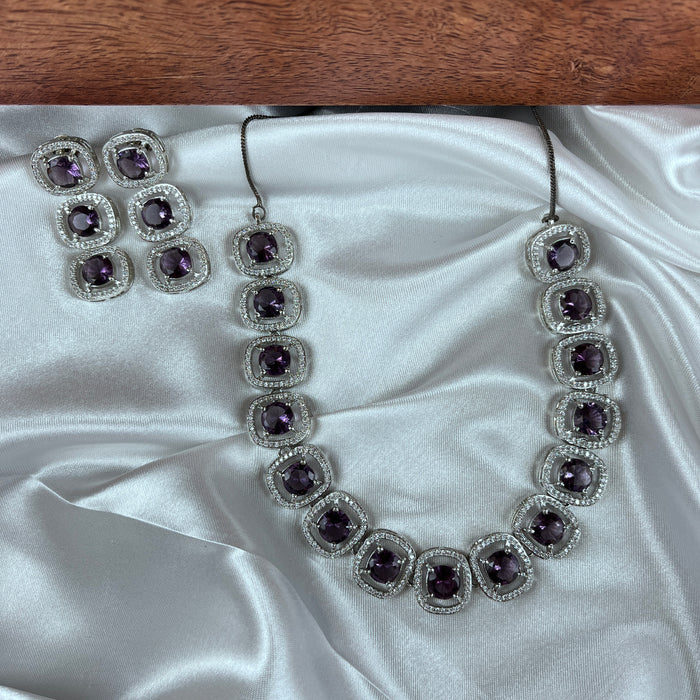 Amethyst & CZ Stones Silver Plated Necklace and Earrings Set