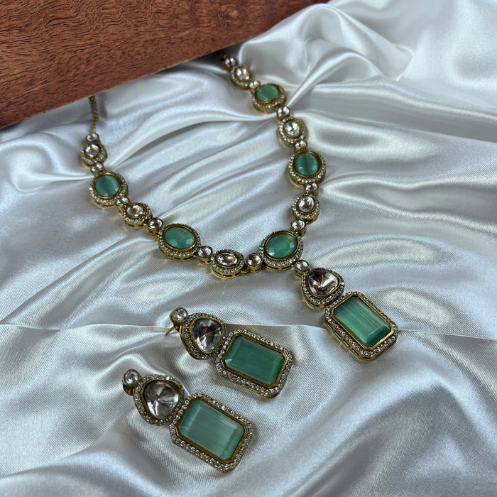 Aqua Chalcedony & AD Stones Silver Set: Timeless Elegance