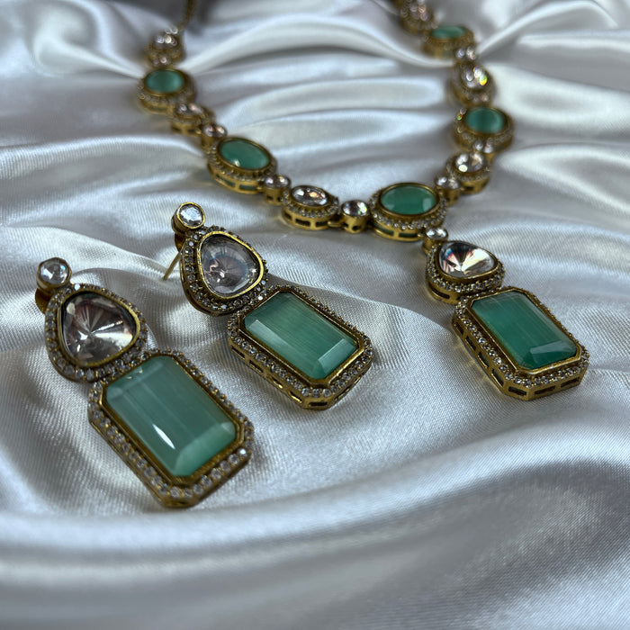 Aqua Chalcedony & AD Stones Silver Set: Timeless Elegance