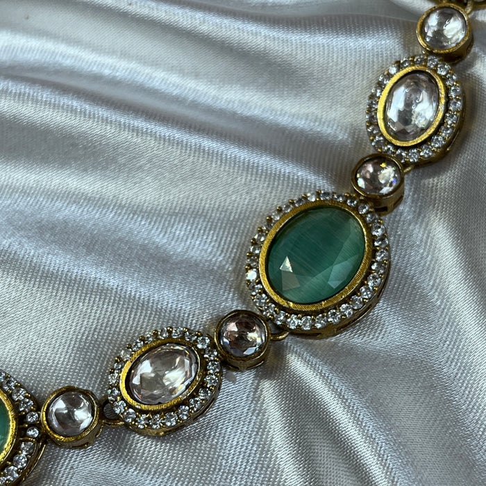 Aqua Chalcedony & AD Stones Silver Set: Timeless Elegance