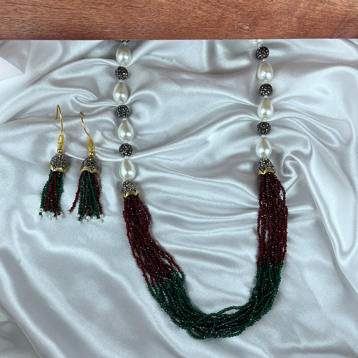 Red & Green Beads with Pearls Gold Plated Garland Necklace and Earrings Set