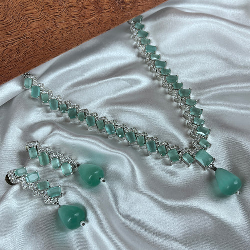Beautiful Aquamarine & AD Stones Studded Silver Plated Necklace and Earring Set for Women and Girls