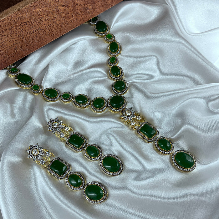 Emerald and CZ Gold-Plated Brass Necklace & Earrings Set