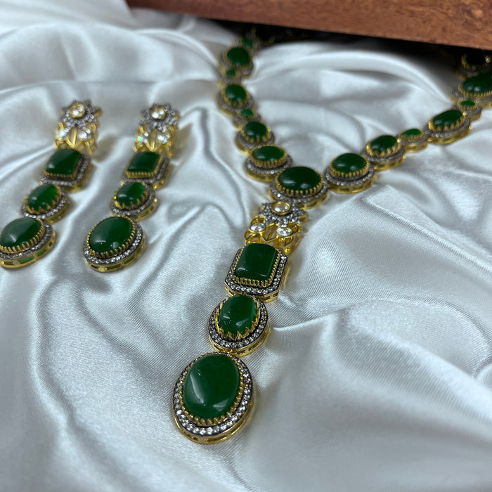 Emerald and CZ Gold-Plated Brass Necklace & Earrings Set