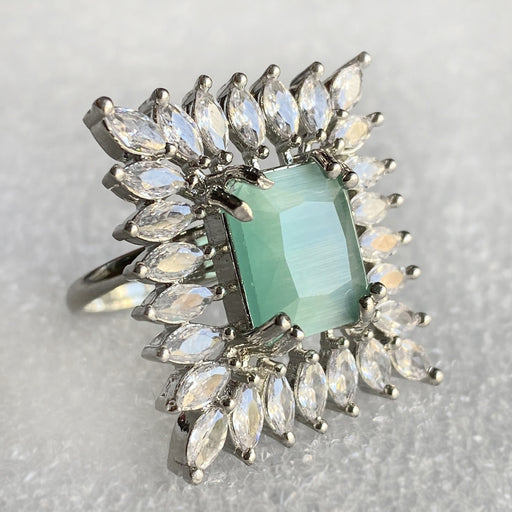Aquamarine & CZ Silver-Plated Brass Finger Ring