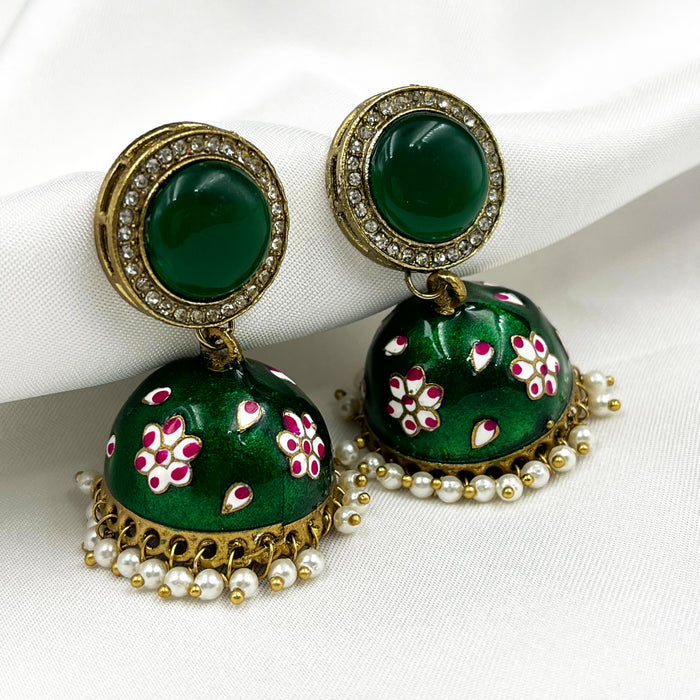 Gold-Plated Zhumka Earrings with Green Meenakari Work and Pearls