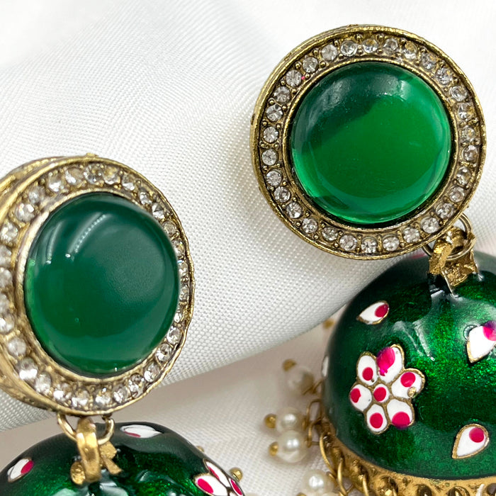 Gold-Plated Zhumka Earrings with Green Meenakari Work and Pearls