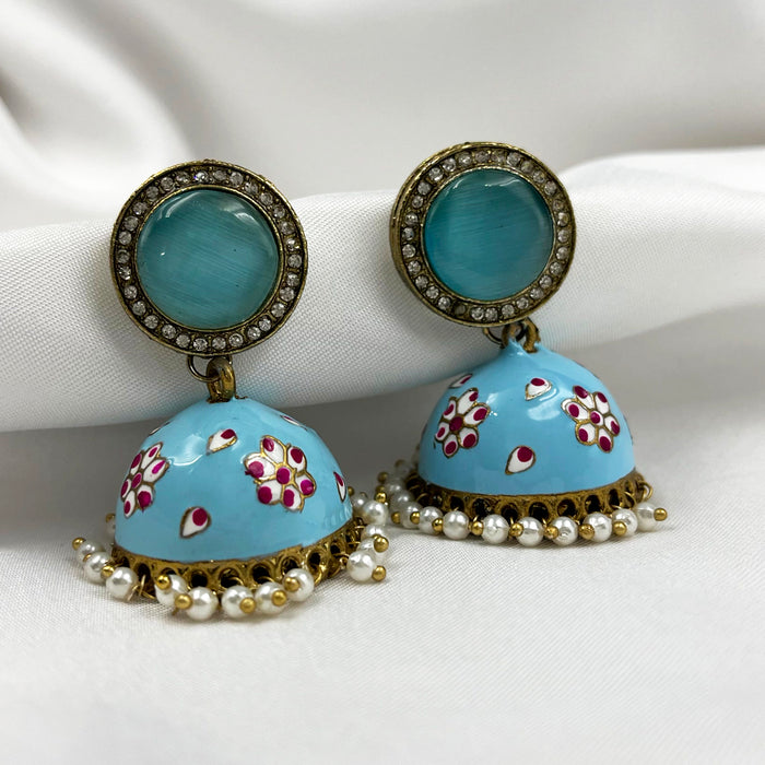 Beautiful Gold-Plated Jhumka Earrings with Turquoise Meenakari